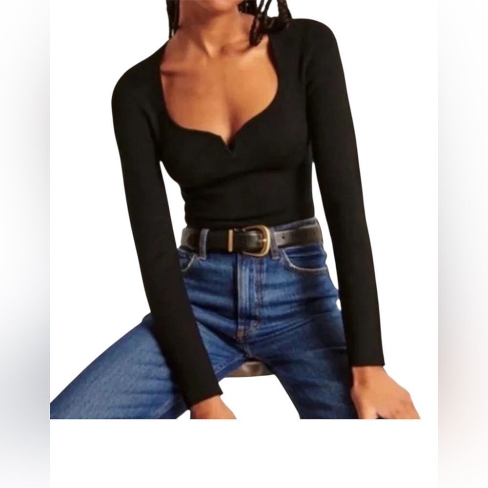 Abercrombie & Fitch Black Long-Sleeve Sweetheart Neck Corset bodysuit